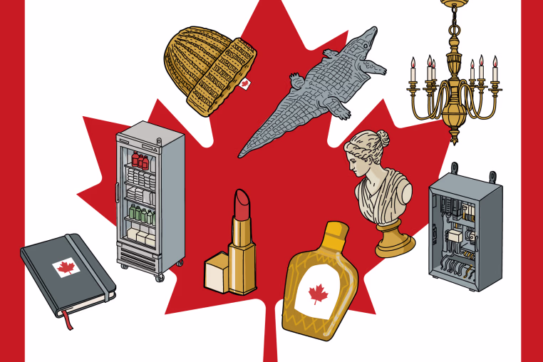 This is an illustrative graphic showing new tariffs on Canadian goods, overlaid on a flag of Canada.