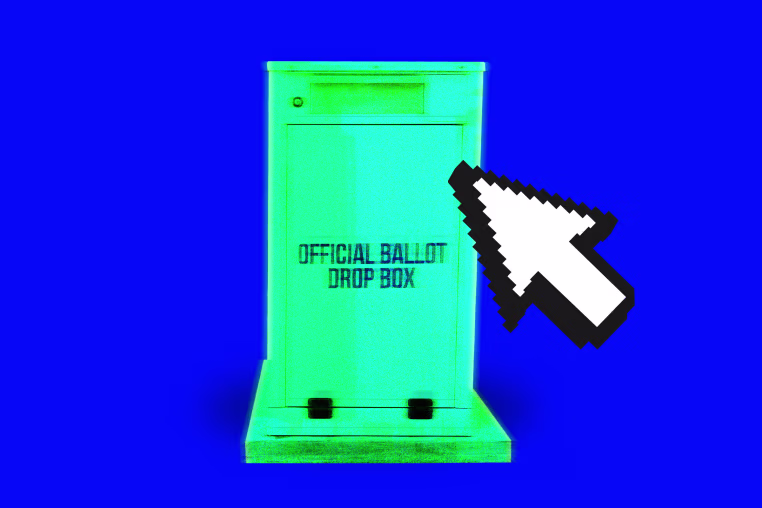 Photo illustration of a ballot box and a cursor 