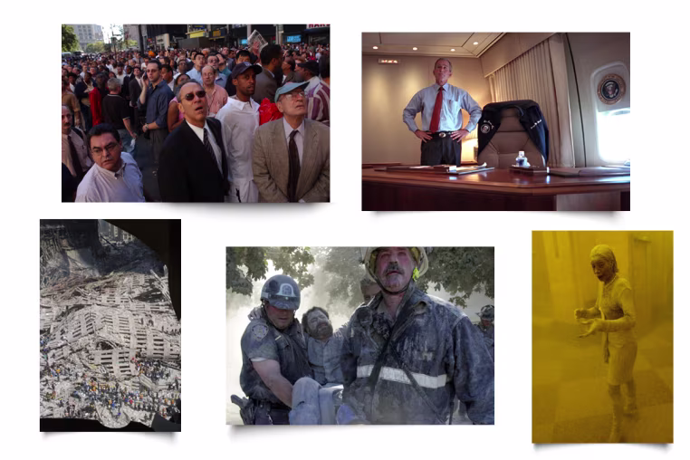 Images from the events of Sept. 11, including a view of rubble at ground zero, President George W Bush on Air Force One, a woman covered in dust.