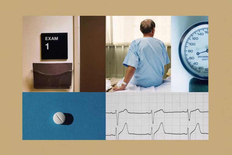 Photo illustration of exam room at doctors office, a pill, a patient on a hospital bed, and a blood pressure reading 