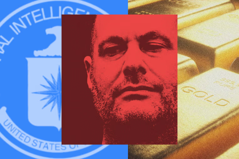 Photo illustration of David Rush against backdrop of gold bars and CIA logo 