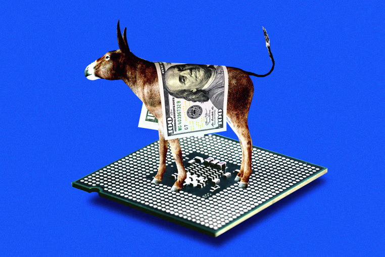 Photo illustration of a donkey wrapped in a 100 dollar biill and standing on a microchip 