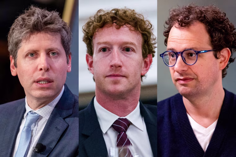 A split composite of Sam Altman, Dario Amodei and Mark Zuckerberg.
