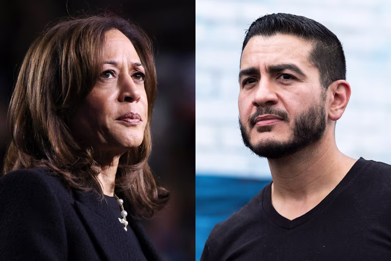A split composite image of Kamala Harris, left, and Abdul El-Sayed