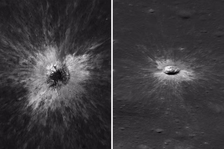 The McGetchin crater on Dec. 5, 2025, left, and March 3, 2026, taken by by NASA’s Lunar Reconnaissance Orbiter (LRO) Narrow-Angle Camera (NAC). 