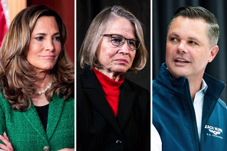 A split composite image of, from left, Maria Elvira Salazar, Mariannette Miller-Meeks, and Zach Nunn.
