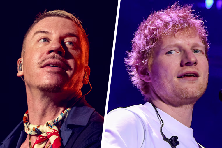 A two-part composite photo of Macklemore and Ed Sheeran.