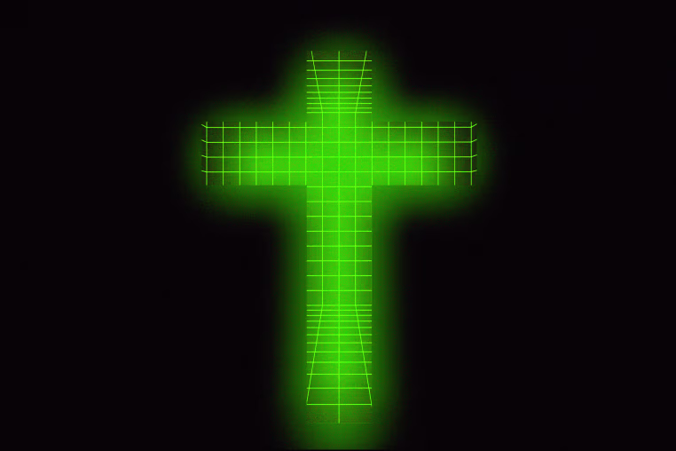 A cross made of a 3D grid, glowing green.