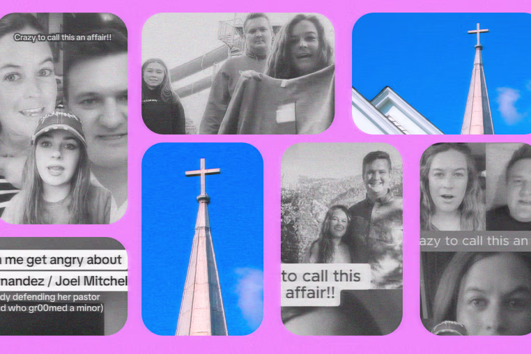 An illustration of screenshots depicting the TikTok discourse of Vicky Hernandez and Joel Mitchell, and a church steeple with a cross.