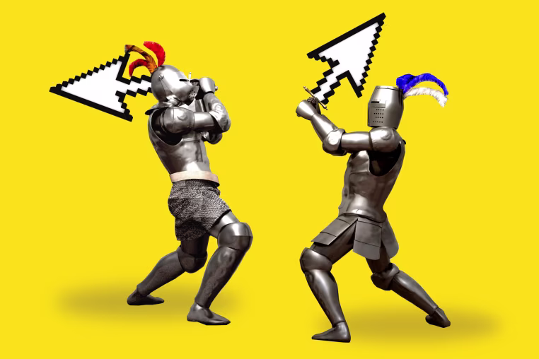 Photo illustration of knights fighting with cursors. 