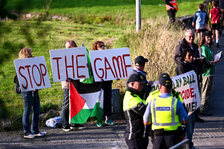 Protesters call for Ireland's upcoming matches against Israel to be stopped before a Galway United match 