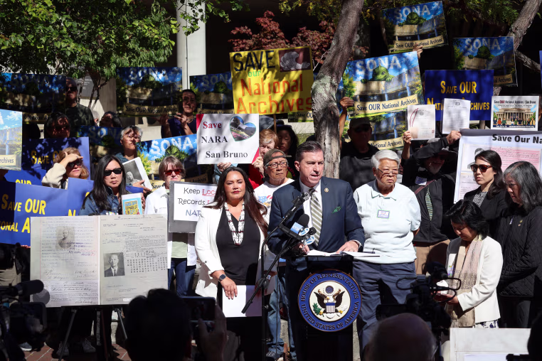 Rep. Kevin Mullin, D-Calif., rallies on Aug. 24, 2026 with Asian American, tribal leaders and other community members