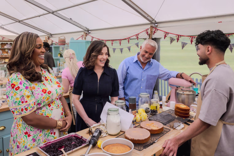 Alison Hammond, Nigella Lawson and Paul Hollywood on the series 17 premiere of "The Great British Bakeoff."