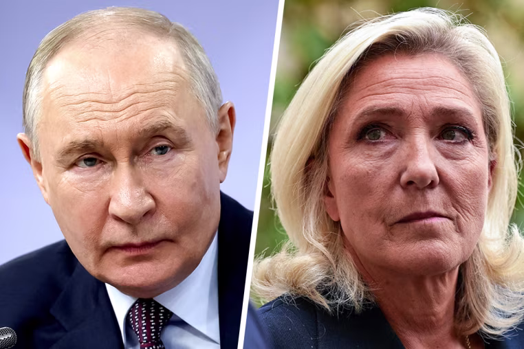 Image: Composite image of two photos. Left: Vladimir Putin, and Right: Marine Le Pen.