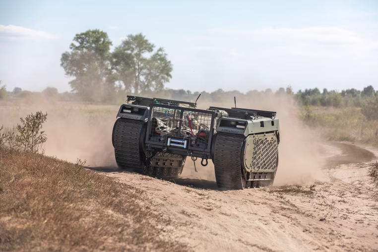 A THeMIS multi-purpose tracked drone during field tests. 