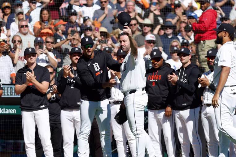 Sep 26, 2026; Detroit, Michigan, USA; Detroit Tigers pitcher Justin Verlander (35) waves to the crowd during a pitching change in the sixth inning against the Pittsburgh Pirates at Comerica Park. Mandatory Credit: Brian Bradshaw Sevald-Imagn Images