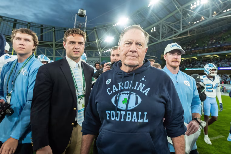 Dublin, Ireland - August 29: Head Coach Bill Belichick of North Carolina Tar Heels looks on during the 2026 Aer Lingus College Football Classic match between TCU and North Carolina at Aviva Stadium on August 29, 2026 in Dublin, Ireland. (Photo by Mario Hommes/DeFodi Images/DeFodi via Getty Images)