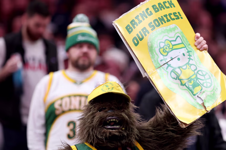 SEATTLE, WASHINGTON - DECEMBER 07: A Seattle Supersonics fan dressed as Bigfoot is seen during the game between the Gonzaga Bulldogs and the Kentucky Wildcats at Climate Pledge Arena on December 07, 2024 in Seattle, Washington.  (Photo by Steph Chambers/Getty Images)