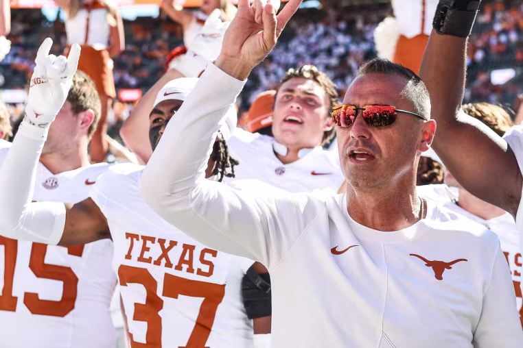 KNOXVILLE, TN - SEPTEMBER 26: Texas Longhorns head coach Steve Sarkisian celebrates after a win in the college football game between the Tennessee Volunteers and the Texas Longhorns on September 26, 2026, at Neyland Stadium in Knoxville, TN. (Photo by Bryan Lynn/Icon Sportswire via Getty Images)