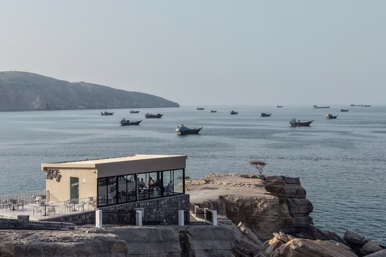 Ships anchored off the coast of Khasab in Oman's Musandam Governorate, near the Strait of Hormu