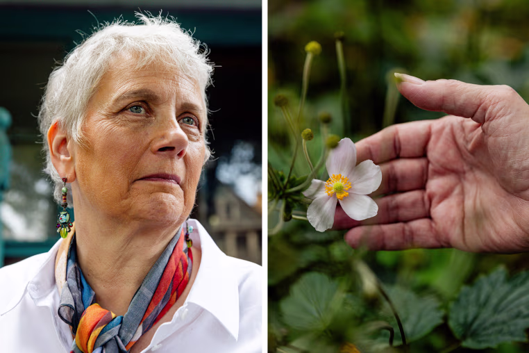 Tracey Kassman, left, a hand holding a white flower.