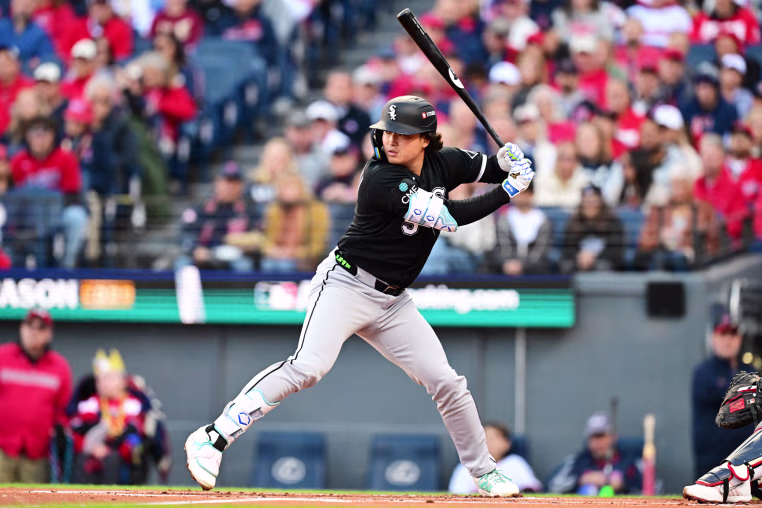 Munetaka Murakami of the Chicago White Sox at bat in the against the Cleveland Guardians at Progressive Field on October 05, 2026, in Cleveland. 