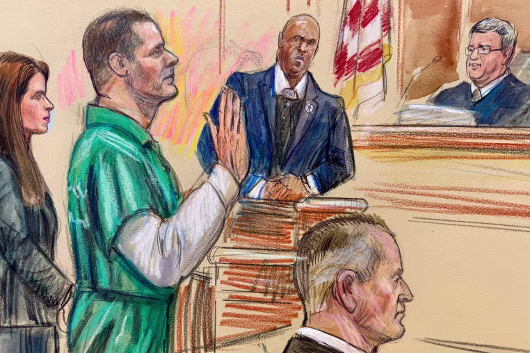 A sketch of David Rush holding up a hand in a court room in front of a judge and others