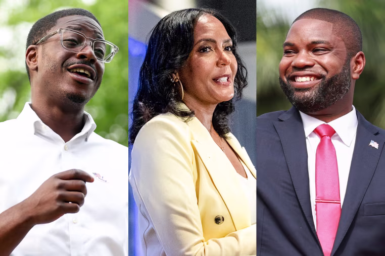 A split composite image of David Crowley, Keisha Lance Bottoms, and Byron Donalds