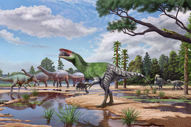 Image: An illustration of a dinosaur eating a mammal.