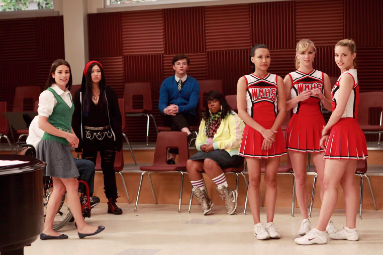 Lea Michele, Jenna Ushkowitz, Chris Colfer, Amber Riley, Naya Rivera, Heather Morris and Dianna Agron in "Glee."