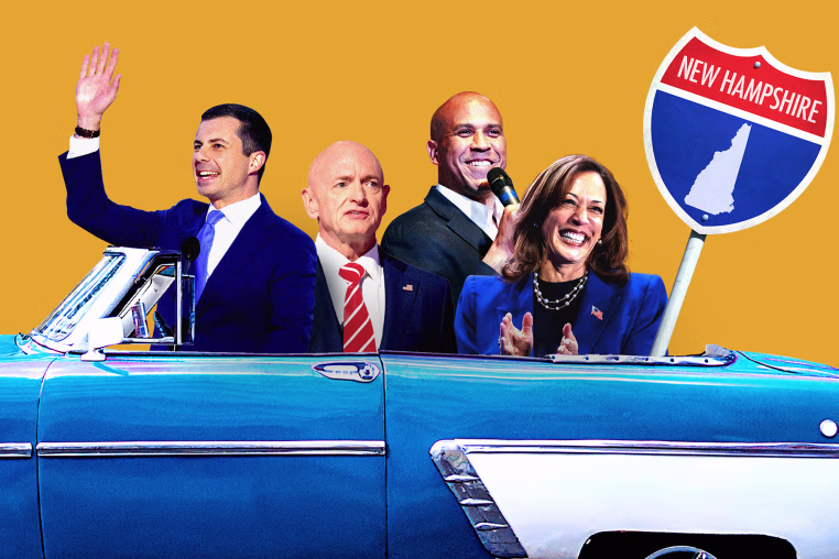 Photo illustration of Pete Buttigieg, Mark Kelly, Cory Booker, and Kamala Harris