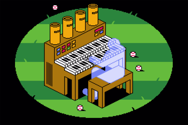 Animation illustration of a ghost playing an organ on a baseball field; as he hits keys, baseballs pop out of the organ pipes.