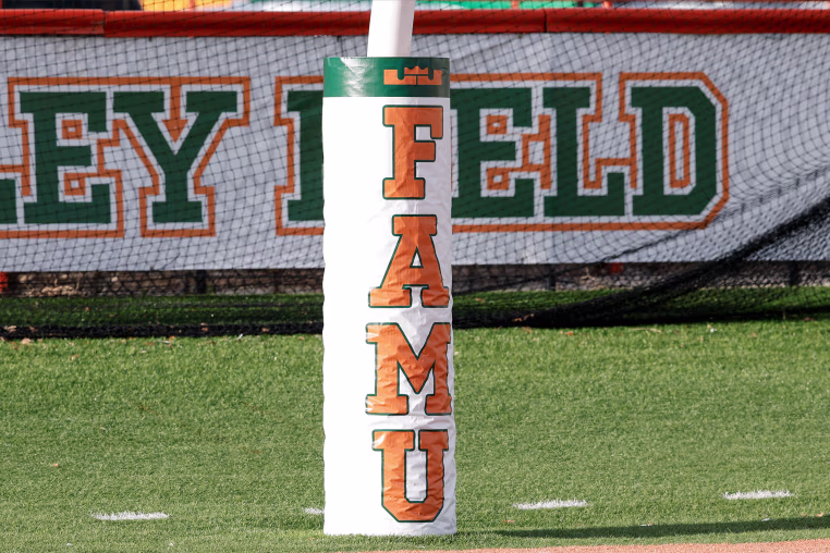 A general view of the the goal post with the school's logo inside of the Bragg Memorial Stadium on Ken Riley Field