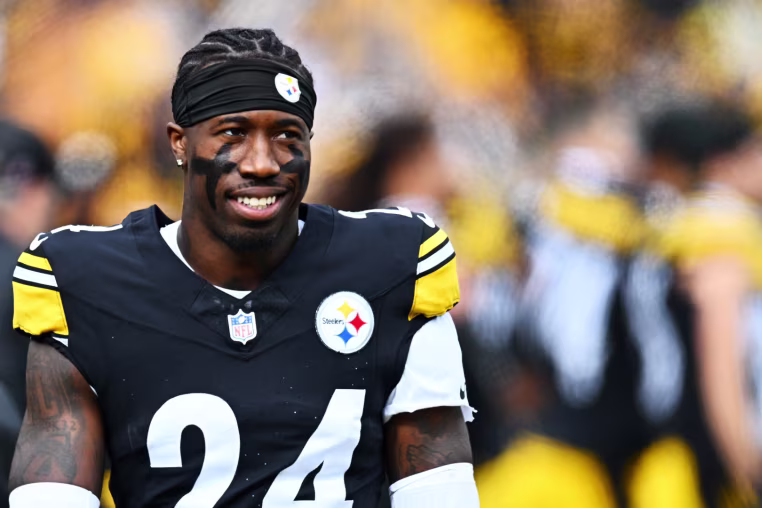 PITTSBURGH, PENNSYLVANIA - NOVEMBER 02: Joey Porter Jr. #24 of the Pittsburgh Steelers looks on against the Indianapolis Colts during the first quarter in the game at Acrisure Stadium on November 02, 2025 in Pittsburgh, Pennsylvania. (Photo by Joe Sargent/Getty Images)