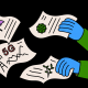 Image: Illustration of a figure in a face mask grabbing floating papers with science symbols on them.