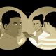 Illustration of a group of parents talking through the frame of binoculars. One parent is holding a phone.