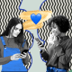 Collage of tho women texting each other with a blue heart in the middle.