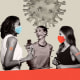 Illustration of people in a bar wearing masks with COVID spores except for one person