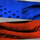 Illustration of split blue and red stripes with the American flag.