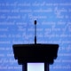 A candidate's lectern is seen prior to the start of the third presidential debate on Oct. 19, 2016, in Las Vegas.