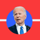 Photo illustration: A circle with Joe Biden's image moving from the left end of a line to its centre.