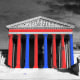 Photo illustration: Five pillars of the U.S. Supreme Court and the strip above are colored red and three pillars are blue.