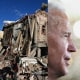 Image of people inspecting the scene of an aerial attack next to an image of Joe Biden looking away.