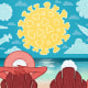 Illustration of a retired couple lounging on a beach with a Covid spore-shaped sun and spore and vaccine-shaped clouds linger in the sky.