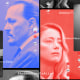 Photo illustration: Screens showing images of Johnny Depp and Amber Heard with buttons to like, share and comments. Text floating over the screens read,\"AmberHeardIsALiar\", \"JusticeForJohnnyDepp\" and\"AmberHeardIsCancelled\".