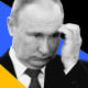 Photo illustration: Vladimir Putin between blue and yellow colored shapes.