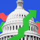 Photo illustration: Red and green arrows going above and behind the Capitol dome.