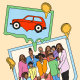Illustration of melting photos of a car and a family gathering surrounded by melting coins.