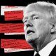 Photo illustration: Donald Trump against and red and white strips showing parts of documents.