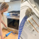 Split image of a woman cleaning her oven and cleaning a dirty dryer